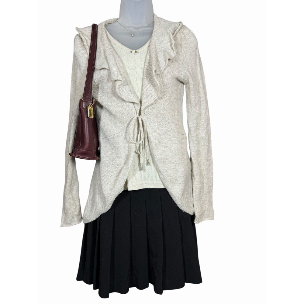 Promod‎ Angora Blend Ruffle Cardigan Sweater Tie Front Beige Neutral Women's S